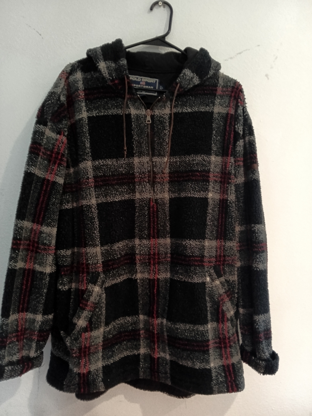 Polo by Ralph Lauren Black Plaid Hooded Zip Jacket with Red Accents